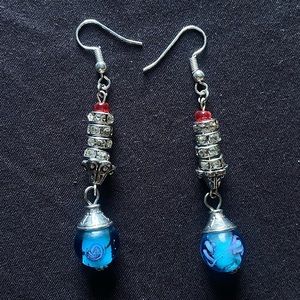 Blue Marble Jewel White Crystal Silver Dangle Earrings